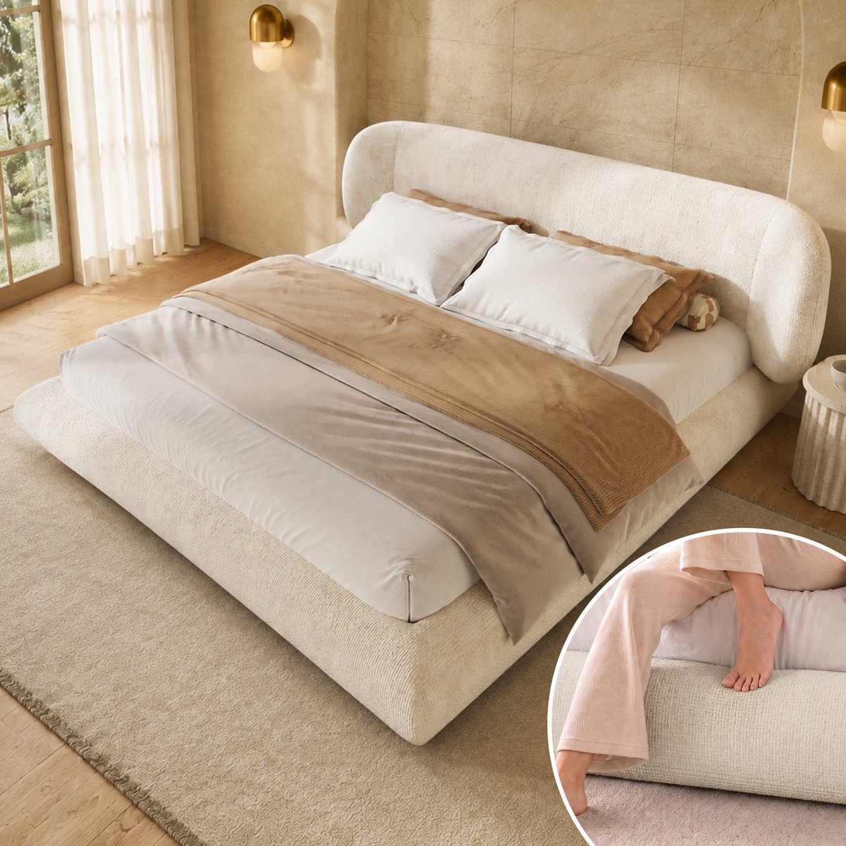 DESMIU Gestoffeerd Bed 140 x 200 cm - Tweepersoonsbed Met Lattenbodem En Hoofdbord - Afgeronde Hoeken - Chenille - Beige - Zonder Matras