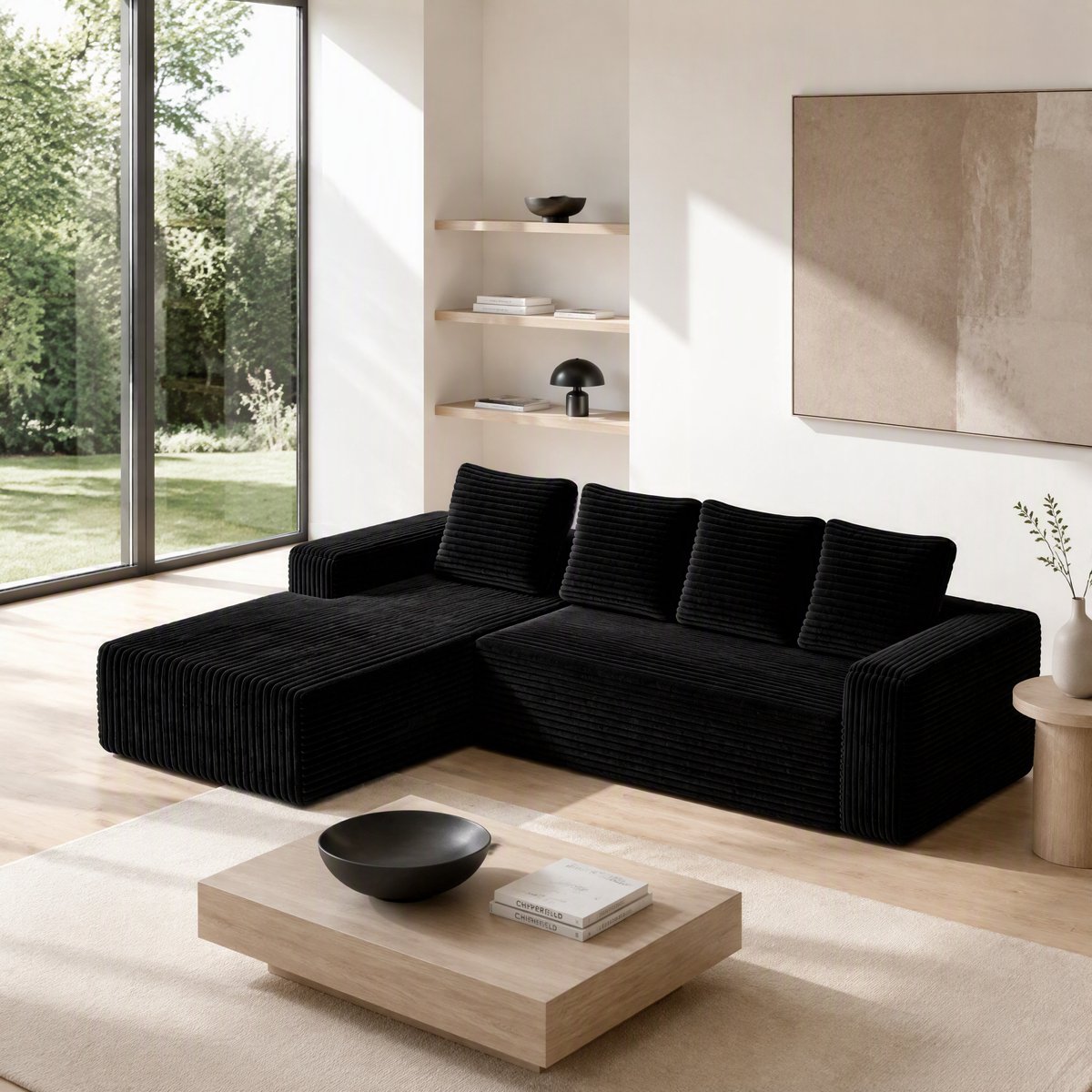 OKWISH Hoekbank 4-Zits - Modulaire L-Vorm Met Chaise Longue - Zonder Montage Voor Woonkamer En Appartement - Corduroy - Zwart