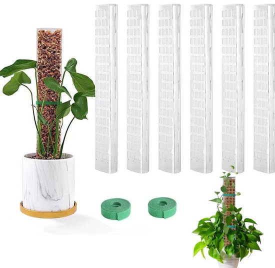 Kunststof mosstok – 6-delige set + klittenband – Klimplantsteun – Stapelbare steun voor kamerplanten –60cm plantenstokken voor klimkunststoffen-stapelbare plantenstokken voor kamerplanten-klimmen-klimplanten- met haak en lus sluiting