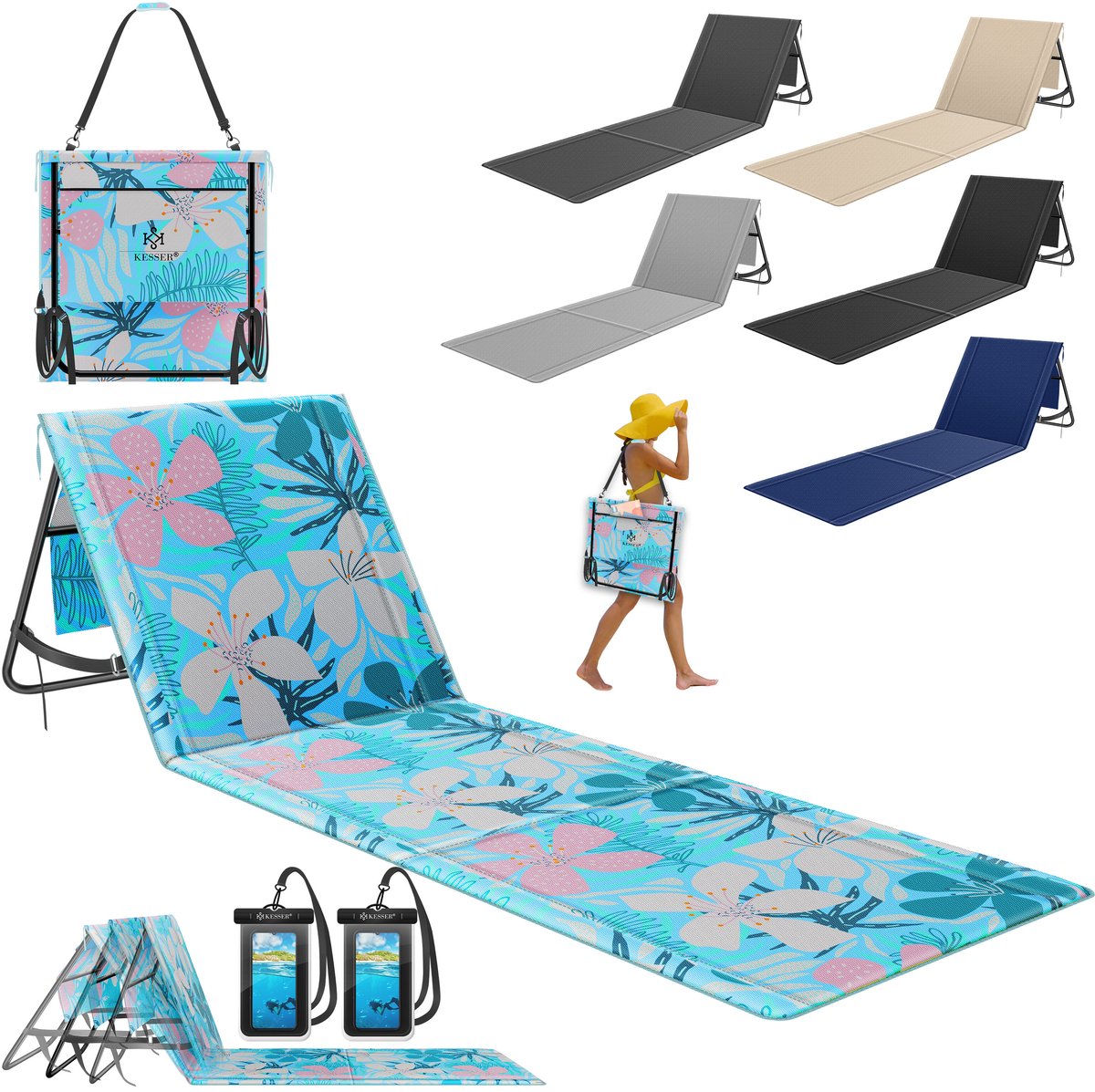 KESSER® Strandmat opvouwbaar - Verstelbare rugleuning en draagriem - Tot 130 kg - 1 stuk - Grijs