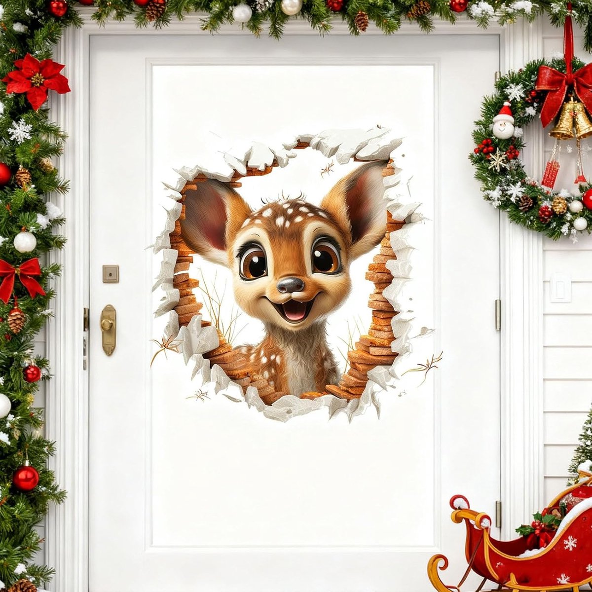 Kerst Raamstickers –Kerst Muursticker – Rendier Muurdoorbrekend Ontwerp – Muursticker - 39×40 cm – Zelfklevend – Verwijderbaar zonder Resten – Voor Ramen, Muren en Glazen Deuren