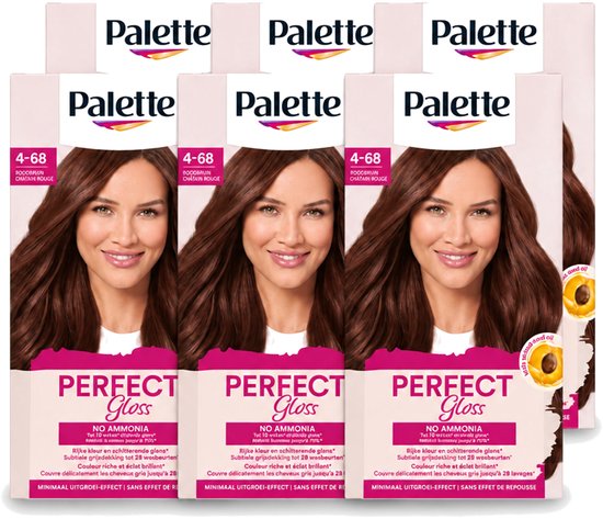 Voordeelverpakking met zes dozen Palette Perfect Gloss haarverf in de kleur 4-68 roodbruin met een model.