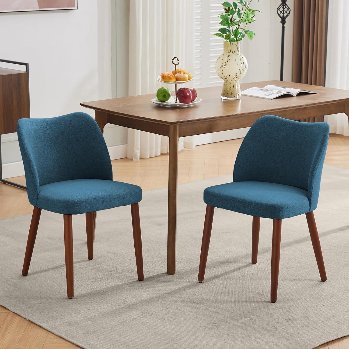 Eetkamerstoelen Set van 2 - Blauwe Stoelen Wing Backrest Houten Poten - Blauw