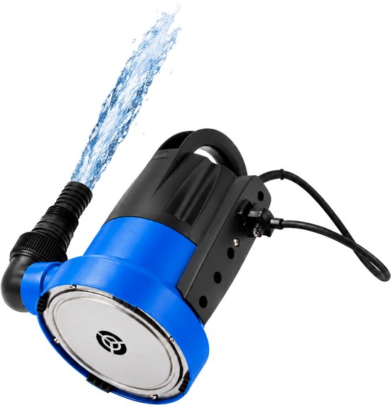 Blauwe en zwarte dompelpomp die water sproeit