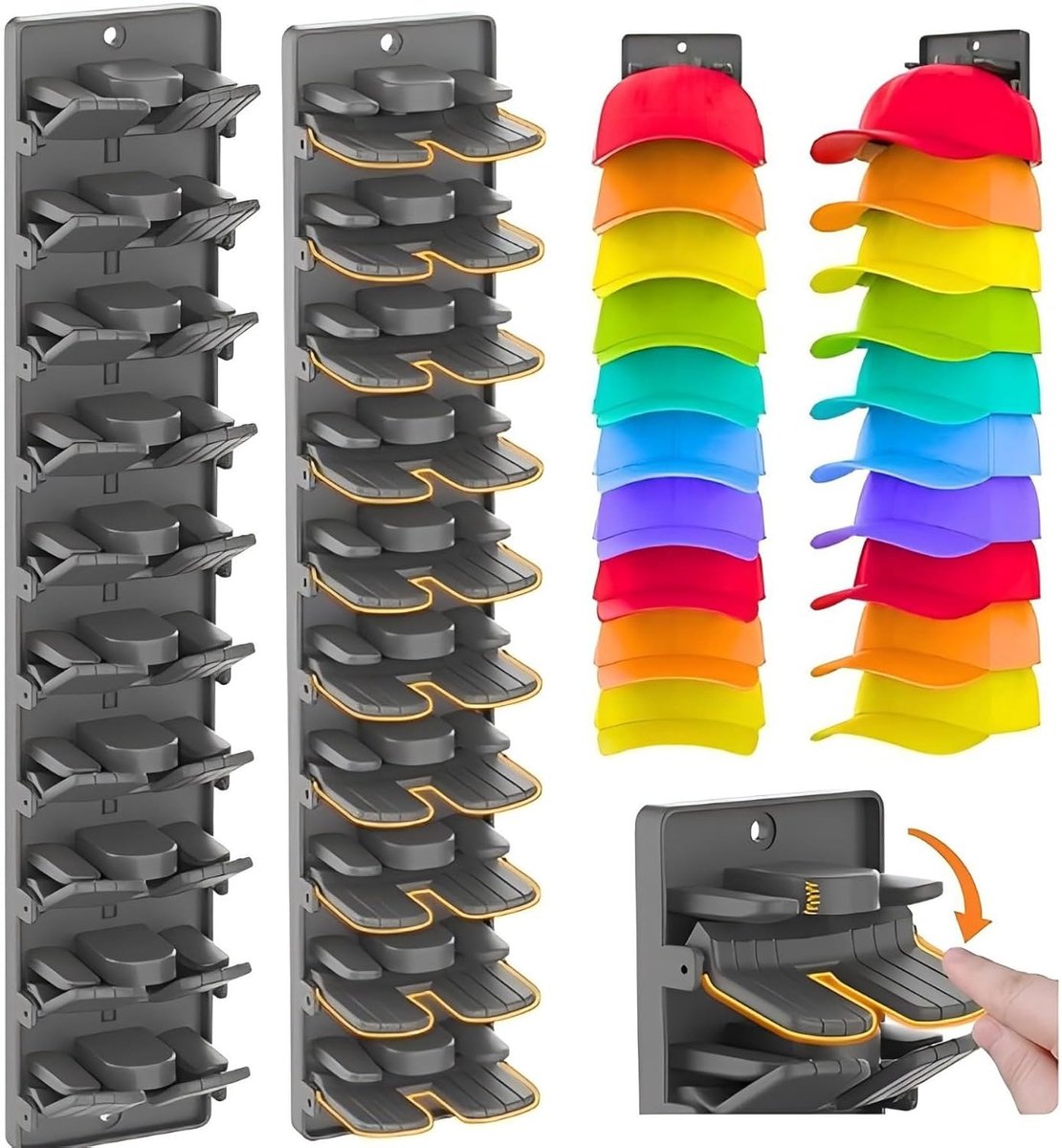 2 stuks, wandorganizer met veerclip, voor 20 hoeden, ruimtebesparende kledingstandaard voor hoeden, zwart