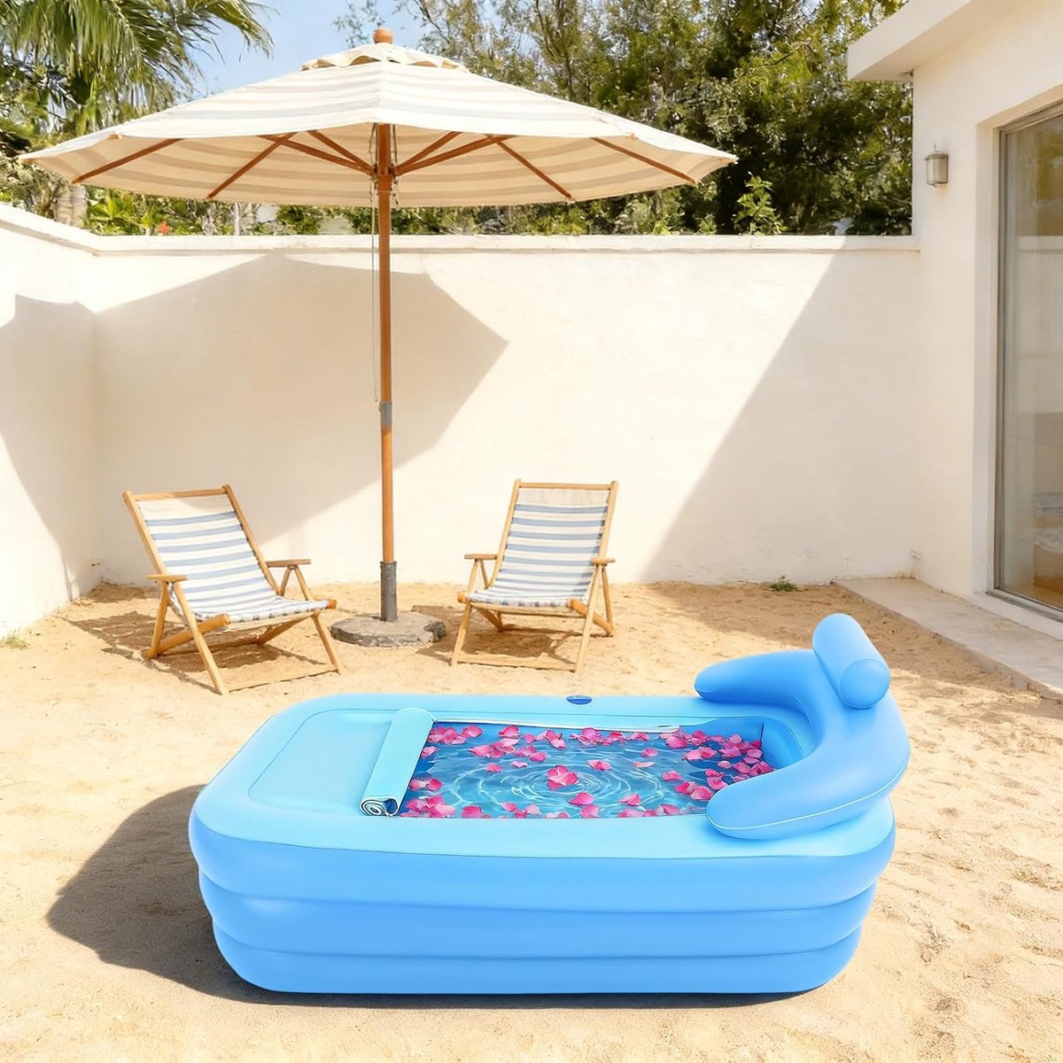 Badkuip voor volwassenen, met hoofdsteun, 157 x 83 x 63 cm, pvc, mobiel, inklapbaar, ruimtebesparend, voor wellness, badkamer en tuin