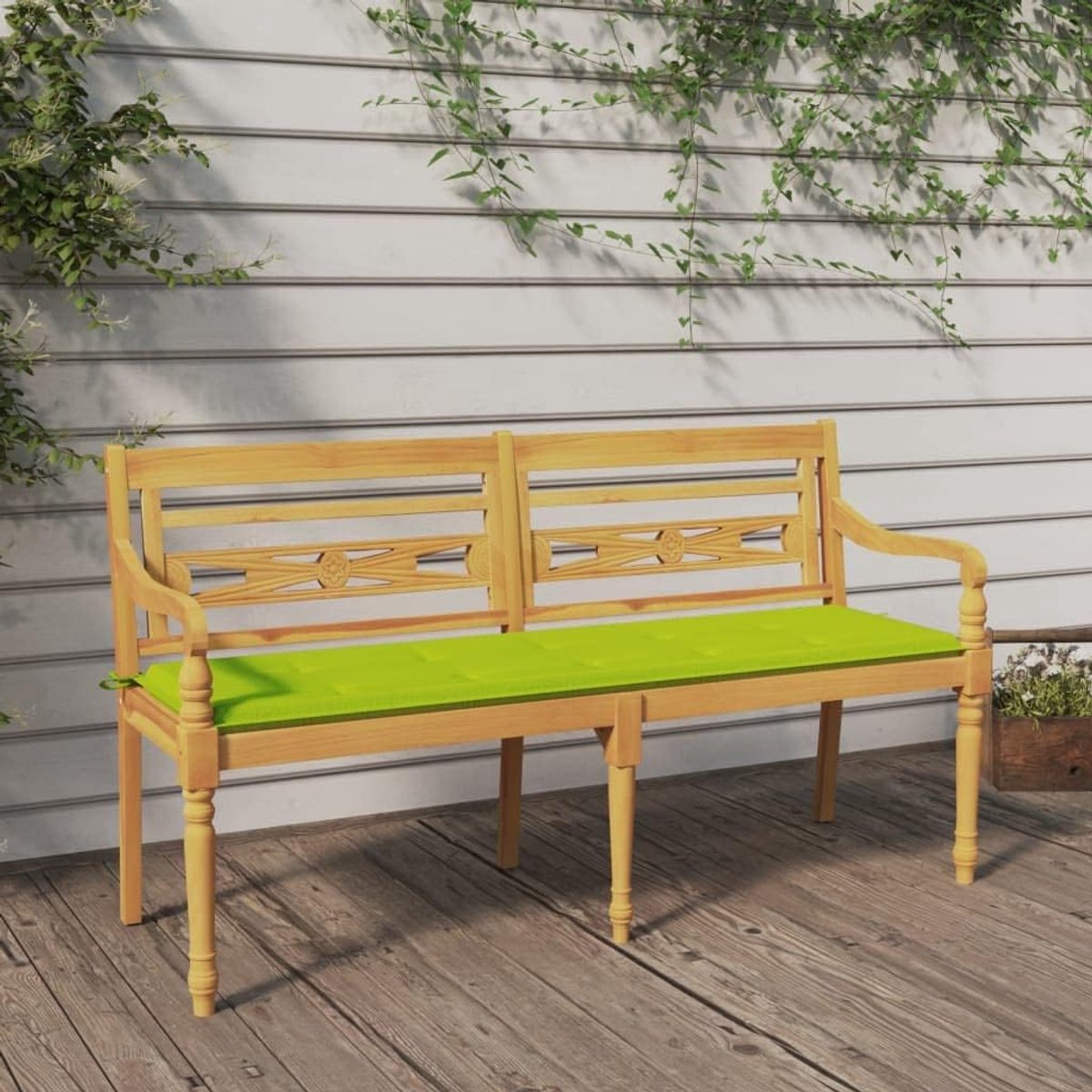 Bankje Batavia met heldergroen kussen 150 cm massief teakhout duurzaam weerbestendig comfortabel zitten met armleuningen tuin balkon terras retro design buitenmeubel montagehandleiding inbegrepen