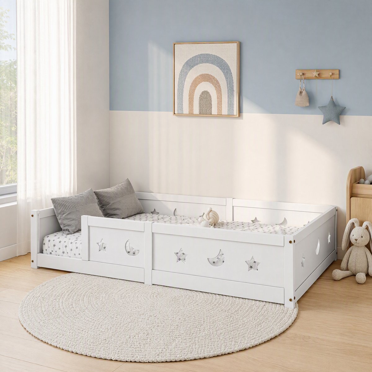 Montessori-kinderbed 140x200 met lattenbodem, Vloerbed voor jongens en meisjes met veiligheidshekje, Tweepersoonsbed, Massief grenenhout, Wit