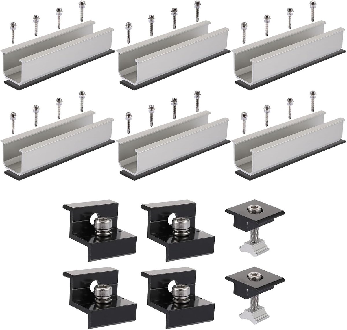 Set van 6 Solar Panel Beugels, 12cm Aluminium Profiel, Verstelbare Steun voor Trapeziumdaken en Metalen Daken, Inclusief Accessoires