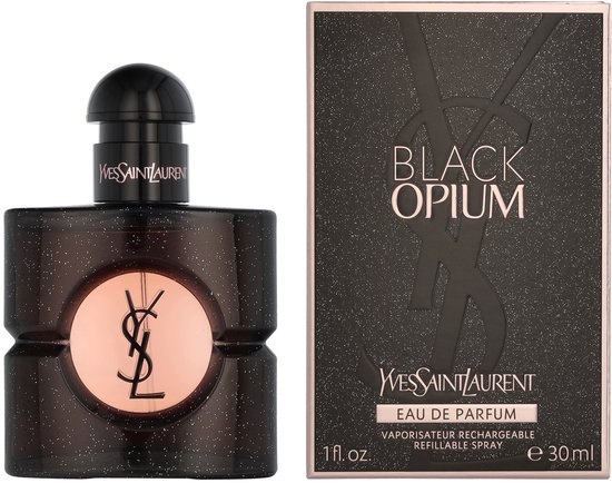 Yves Saint Laurent Black Opium Eau de Parfum fles en verpakking, beide met zwart glinsterend design.
