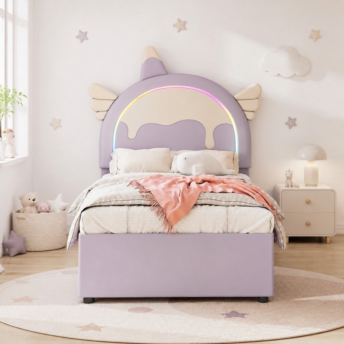 WUVRIE Kinderbed 90x200 cm met uitschuifbaar rolbed, lades en eenhoornhoofdbord, paars