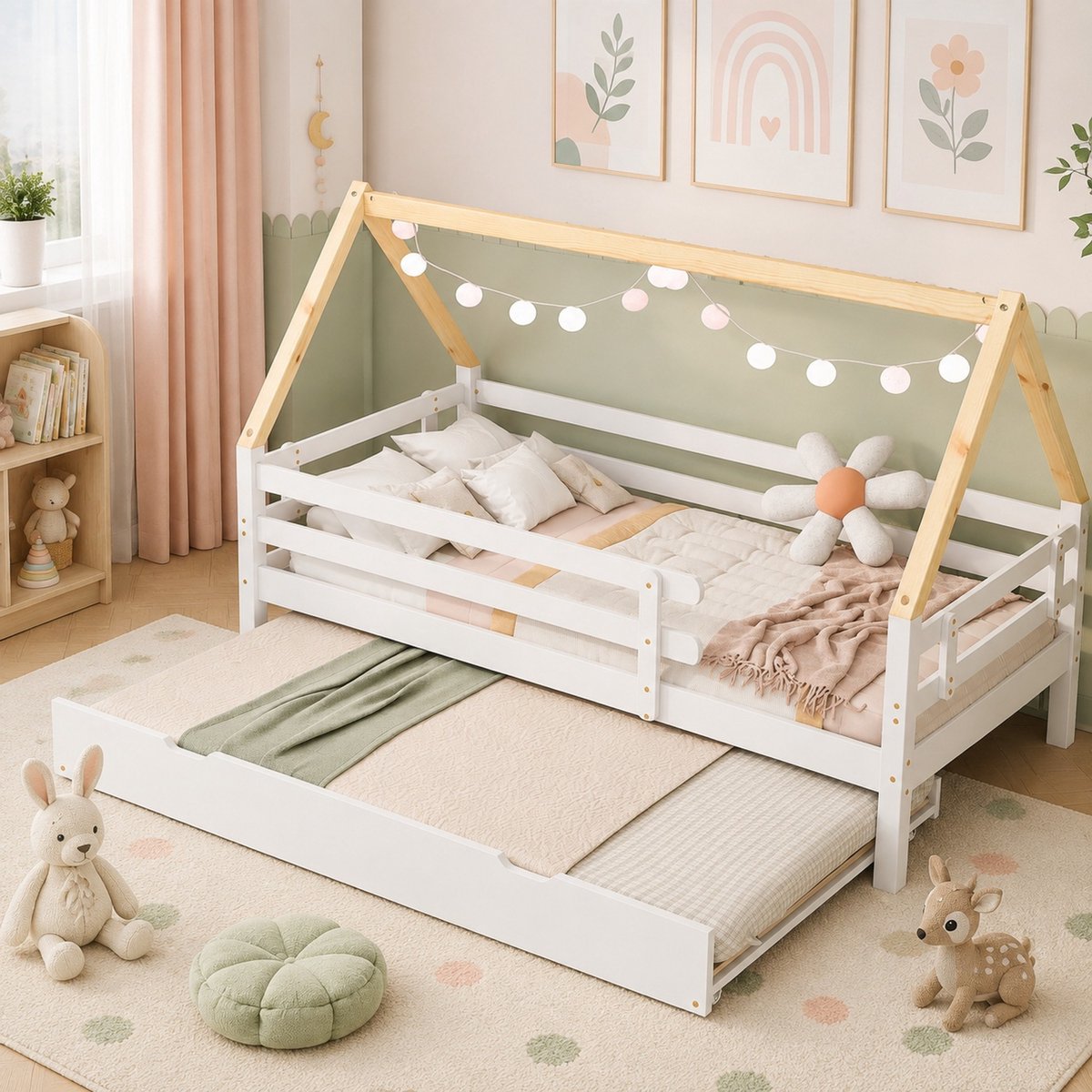 WUVRIE Kinder-huisbed 90x200 cm met uitrolbed, veiligheidshekken en lattenbodem, wit/naturel