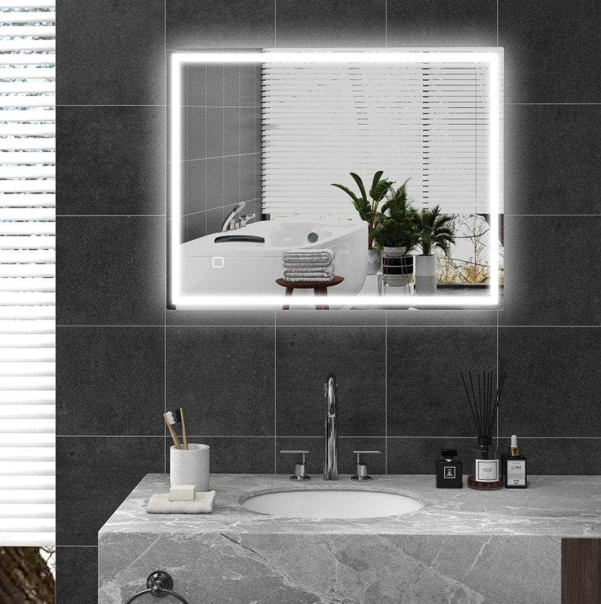 MODENUIT Badkamerspiegel – 90 x 70 cm – Ledverlichting Met Drie Lichtkleuren – Gehard Glas – Zilver – Wandmontage