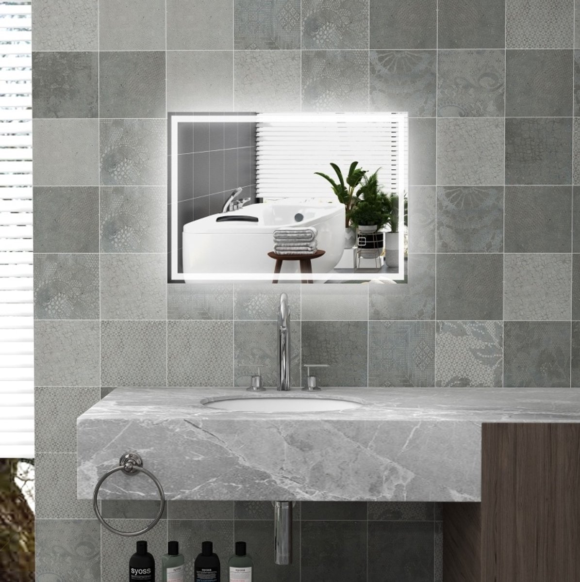 MODENUIT Badkamerspiegel – 70 x 50 cm – Ledverlichting met Aanraakbediening – Glas – Zilver – Anticondens