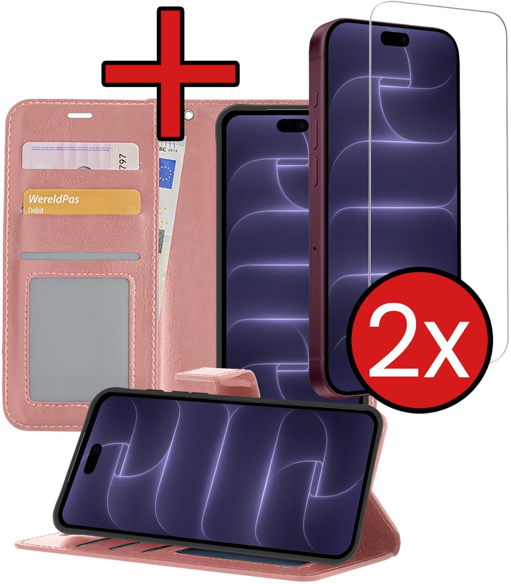 Hoesje - Met 2x Screenprotector - Geschikt voor Apple iPhone 18 Pro Max - Luxe Pasjeshouder - Flip Case - Bookcase Portemonee - Kunstleer Book Case - Flipcase Hoes - Book Cover - Walletcase - Portemonneehoes - Telefoonhoes - Rosé goud