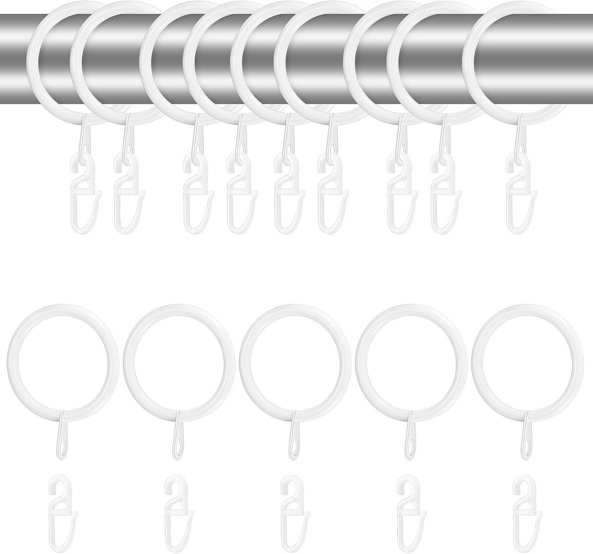 Set van 24 witte metalen gordijnringen met plastic haken, 30mm binnenmaat voor het ophangen van gordijnen, douchegordijnen en raambekleding