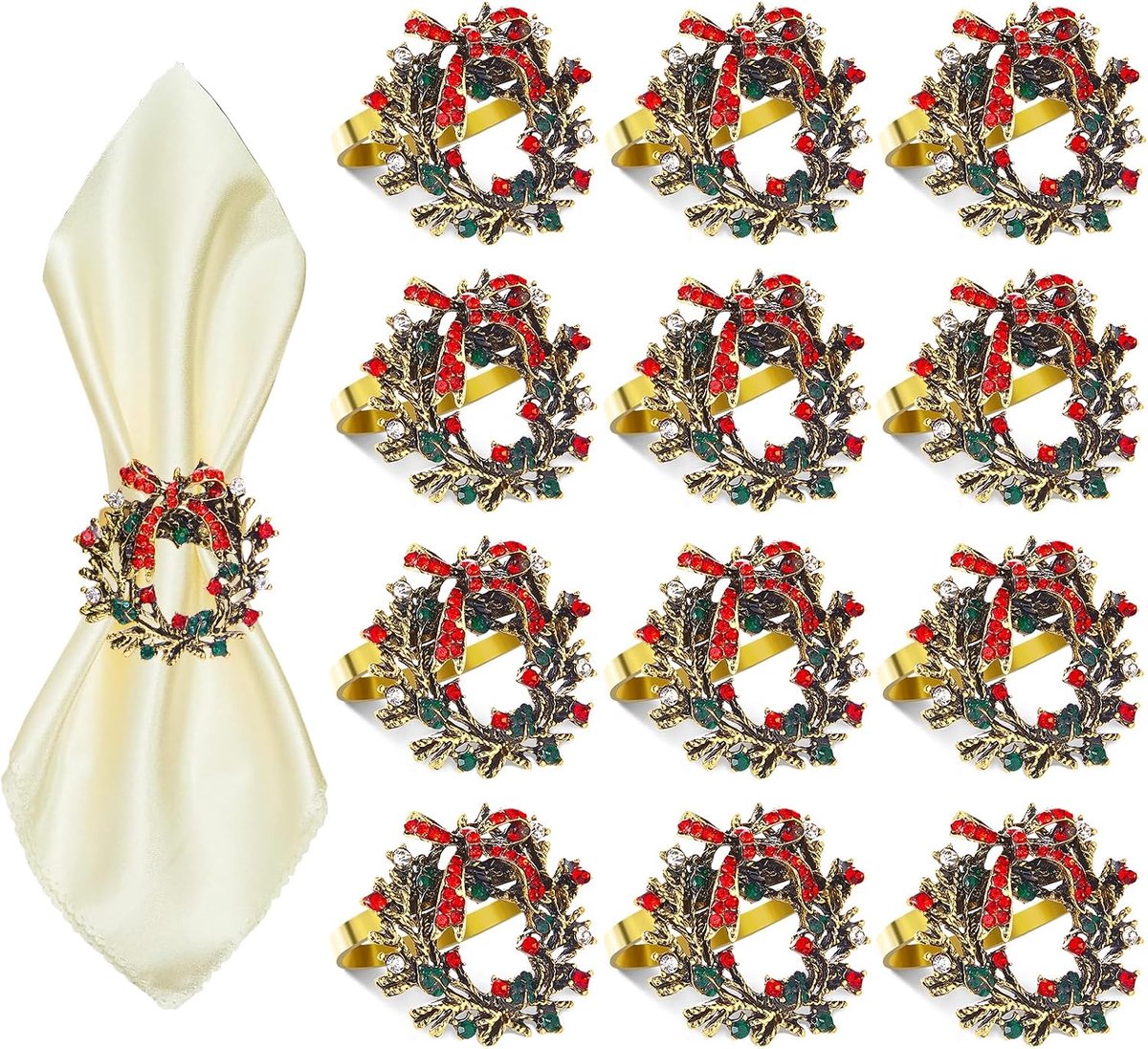 12 Pcs servetringen met kerstkransmotief - feestelijke servethouders met strass‑steentjes - decoratie voor Thanksgiving‑ en kerstdiners