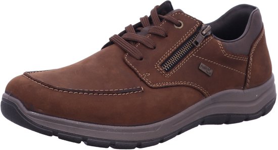 Bruine Rieker veterschoen met rits aan de zijkant, voorzien van een 'Rieker Tex' label en contrasterende stiksels.