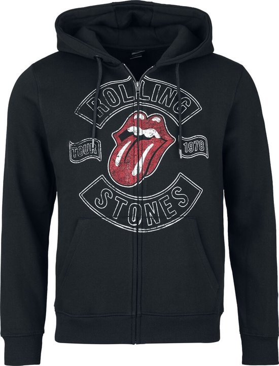 Zwart vest met capuchon, rits en Rolling Stones 'Tour 1978' logo met iconische tong op de borst.