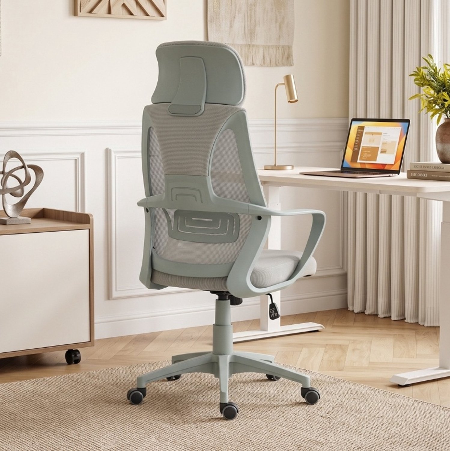 STILVORA Bureaustoel 64 Cm - In Hoogte Verstelbaar Met Wipfunctie, Hoofdsteun En Lendensteun - Voor Werkplek En Thuiskantoor - Polyester Grijs