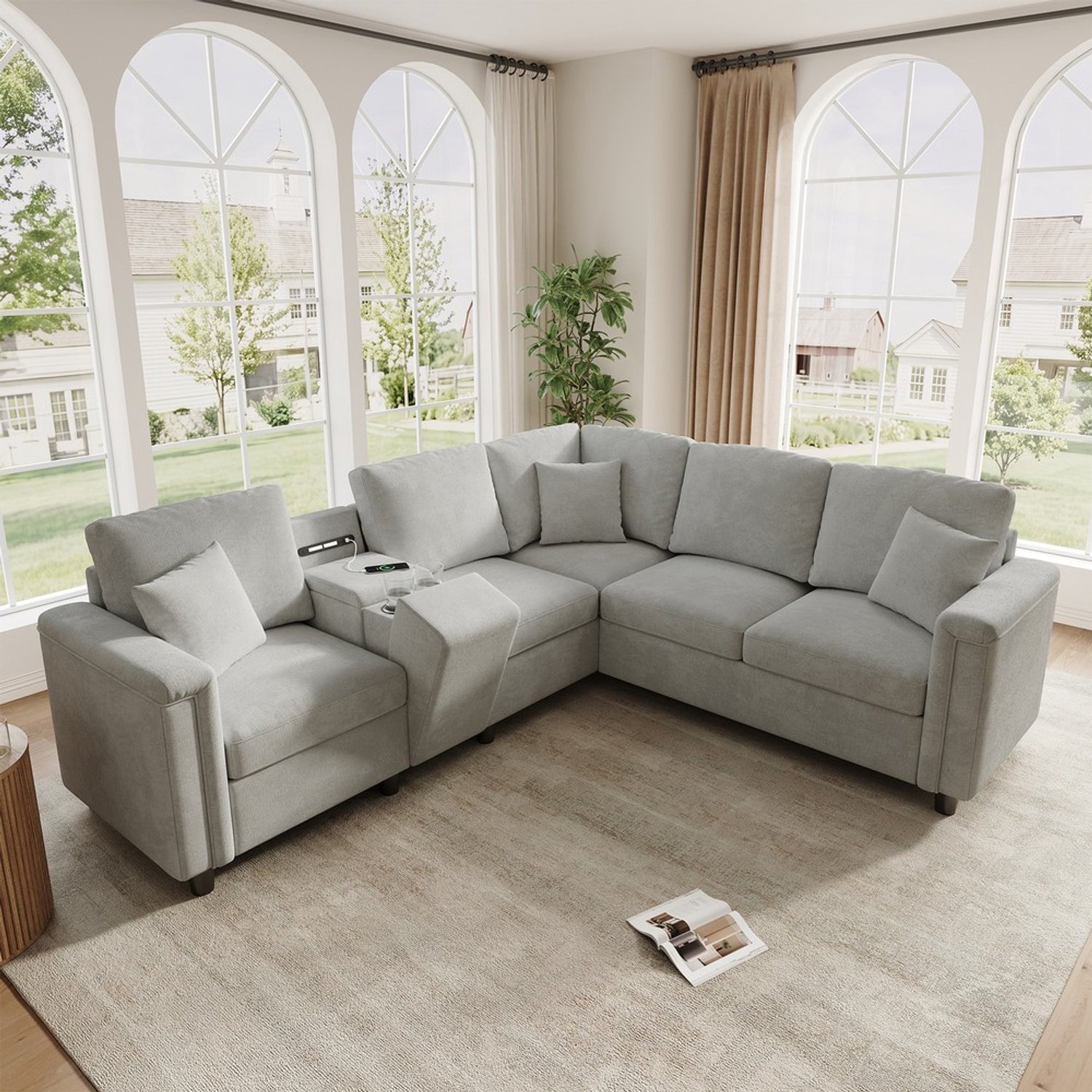 Pugsdrly L-vormige hoekbank van chenille-stof met opbergconsole, bekerhouders, USB/Type-C-oplaadaansluitingen en leeslampje, 5-zitsbank voor de woonkamer, lichtgrijs, 235×208×83 cm