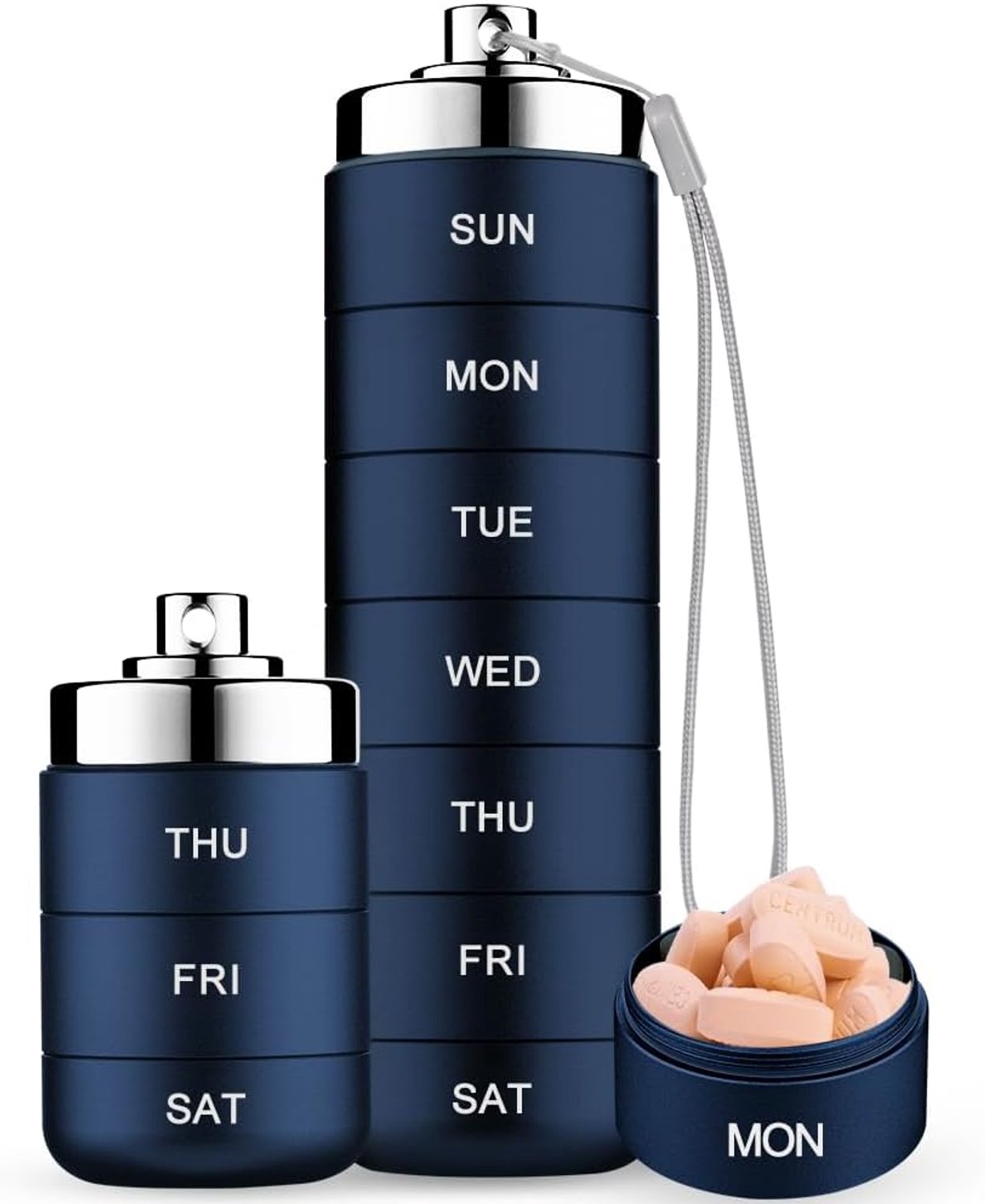 Pillendoos - Stapelbare Waterdichte Metalen Pillenorganizer - 7-daagse Weekbox voor Reizen - Draagbaar met Vakverdeling - Donkerblauwe Kleur - 1 Stuk