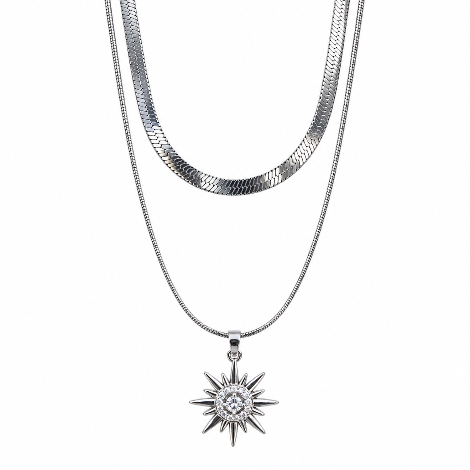 Engravia by Derya – Dubbele Ketting Dames – Stainless Steel – Sterhanger met Zirkonia – 45 cm – Zilverkleurig – Elegant Cadeau voor Haar