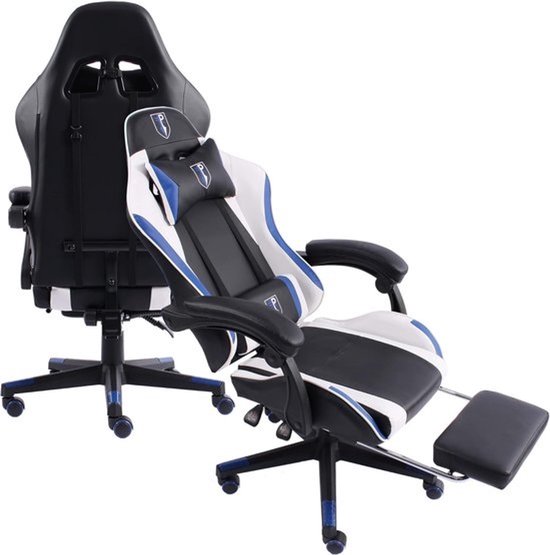 Ergonomische gamingstoel - Racebureau-stoel - Comfortabel zitten - Met voetensteun - 126 cm hoog - Zwart wit blauw — afbeelding 2