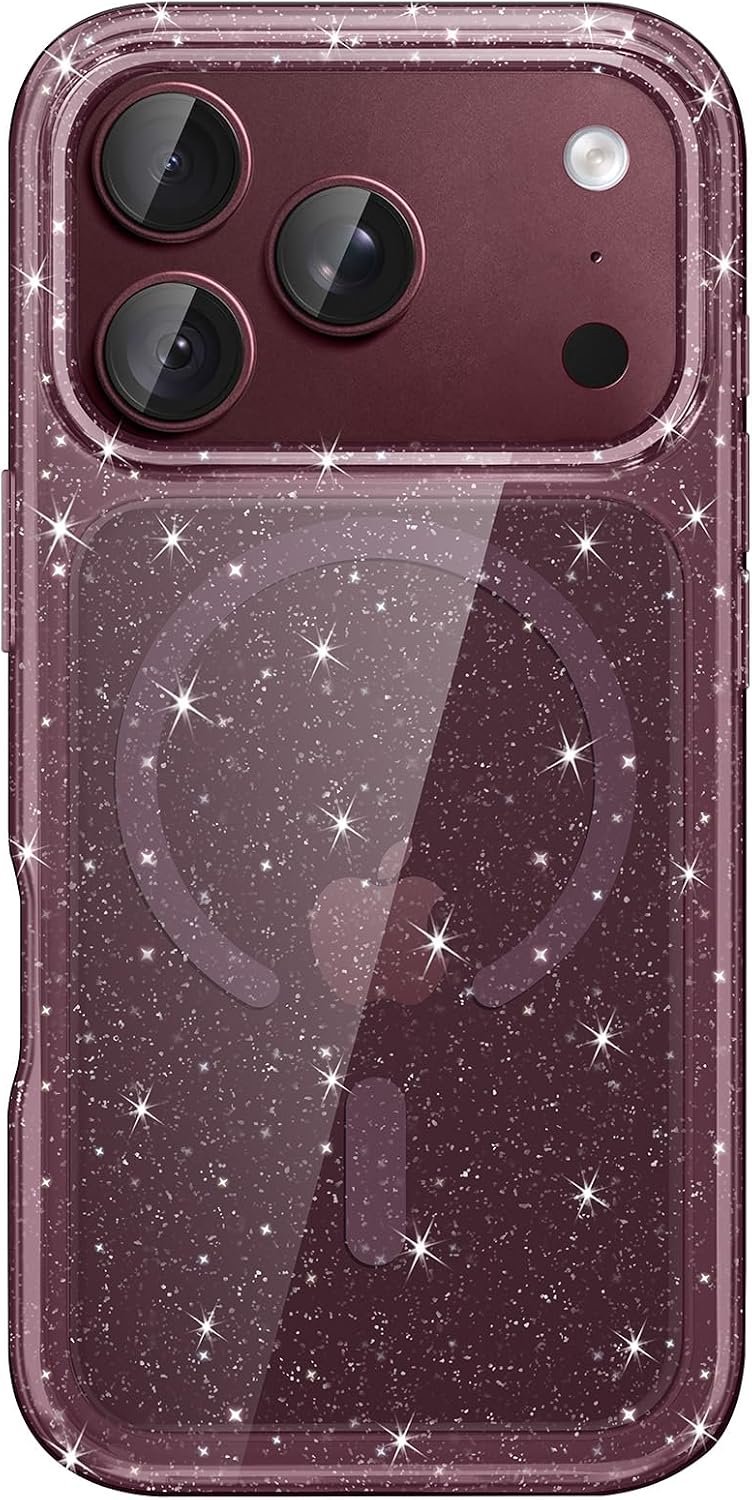 Zandarix Hoesje Geschikt voor Apple iPhone 18 Pro - Geschikt voor Mag - Glinster Glitter Bling Ontwerp - Schokbestendig Bescherming - Back Cover Hoesje - Donkere Kers