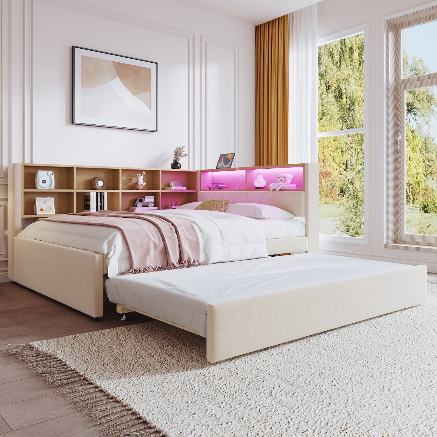 Merax Slaapbank 140x200cm - uitschuifbaar bed 90x190cm - met LED-verlichting - stopcontact en opbergruimte - beige - zonder matras
