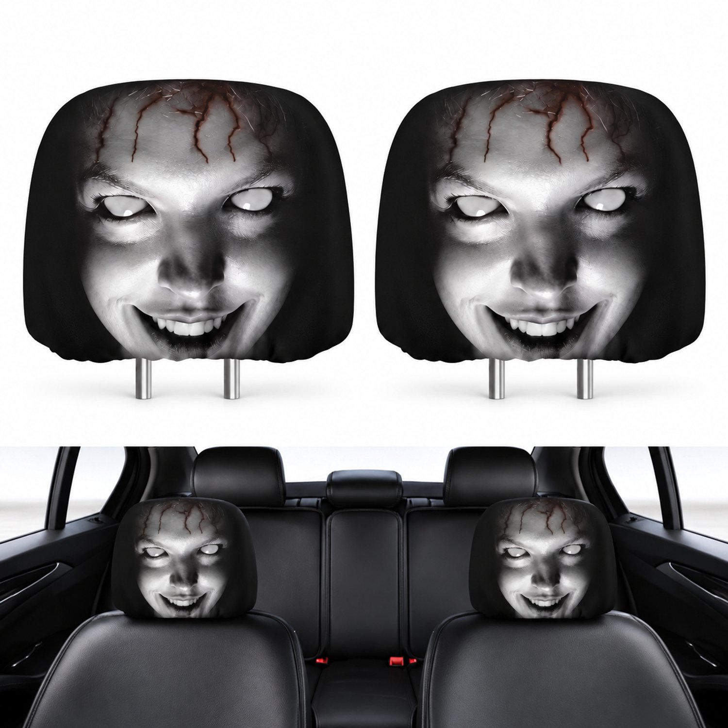 Geweo Halloween Auto Hoofdsteunhoezen Set van 2 – Hoofdsteunhoes Auto met Ghost Face Opdruk – Universele Elastische Hoes, Wasbaar en Zacht – Zwarte Auto Decoratie voor Auto, SUV en Truck