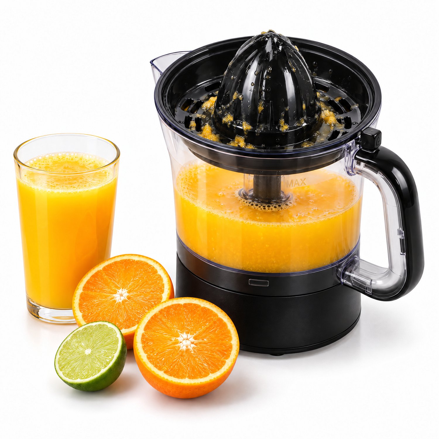 Cheqo® Elektrische Citruspers - Sinaasappelpers - Citroenpers - Fruitpers - Sappers - Limoenpers - Citruspers met Kan, 2 Perskegels, Zeef en Stofdeksel - 2 Draairichtingen - Citrus Juicer - 40W - Zwart Transparant - Keukenapparaat