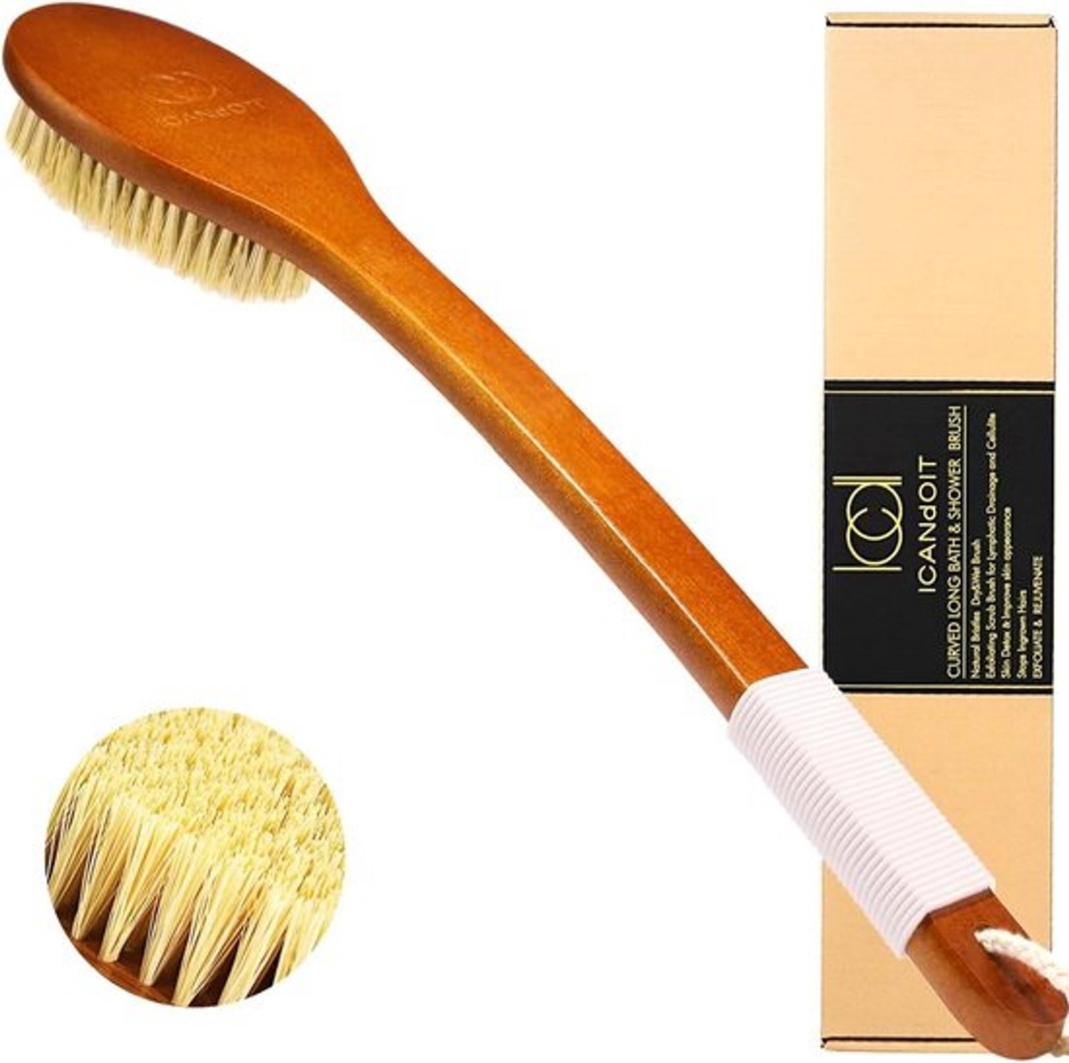Natuurlijke sisal doucheborstel met lang, gebogen handvat voor exfoliëren