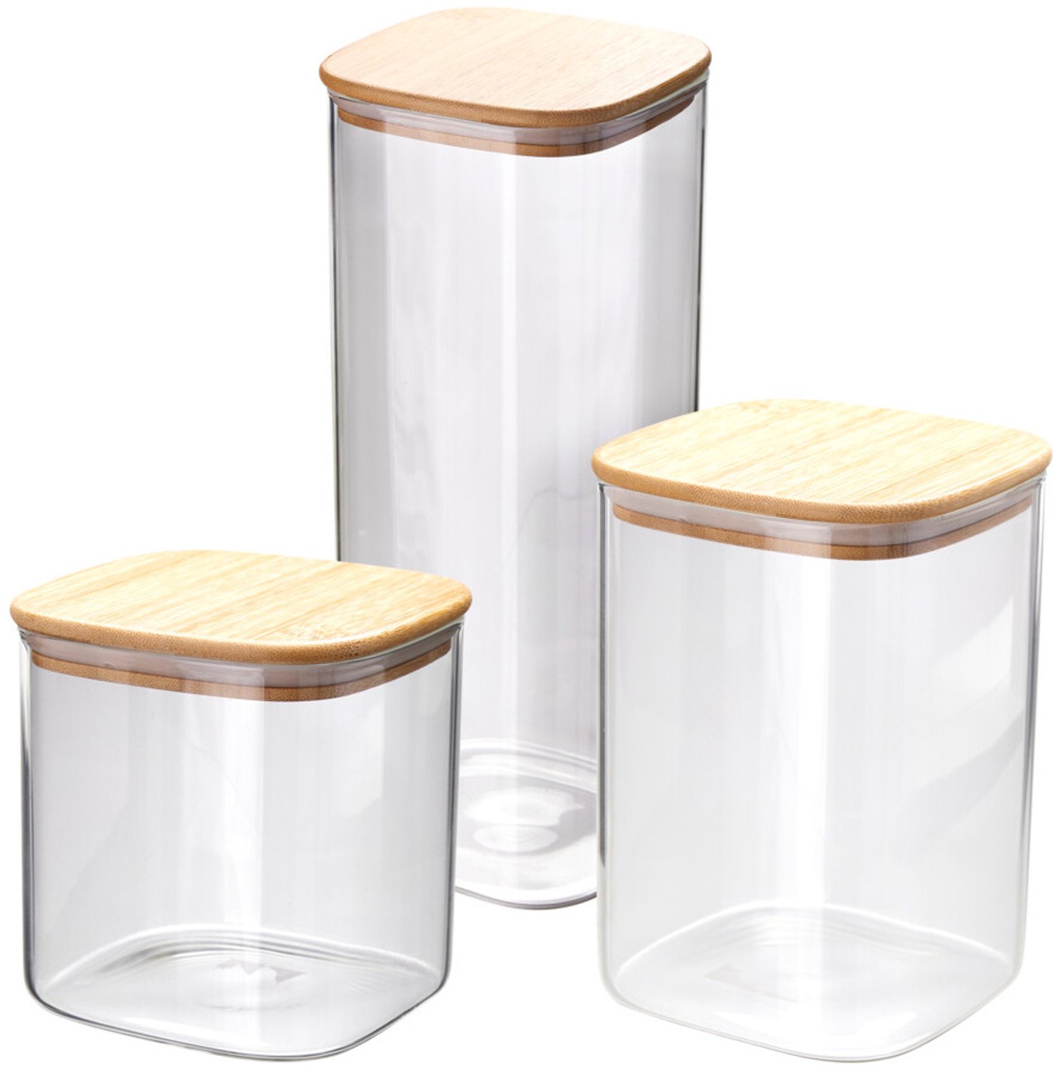 EH Excellent Houseware - Set van glazen keukenpotten met bamboedeksel KLAR, 3 stuks.