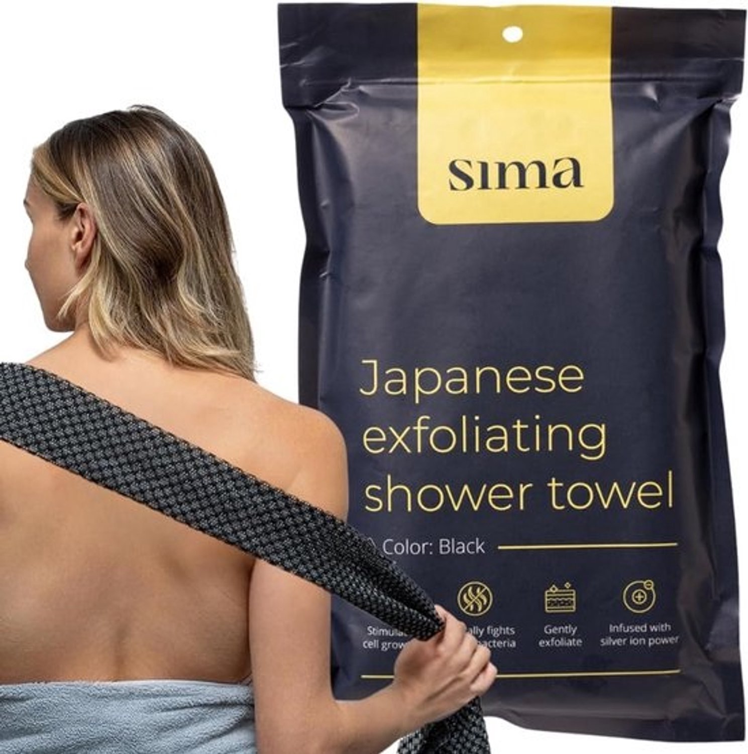 Scrubhanddoek voor het exfoliëren van gezicht en lichaam - Extra lange handdoek met hexagonale vezels en 2 zijden (zwart)