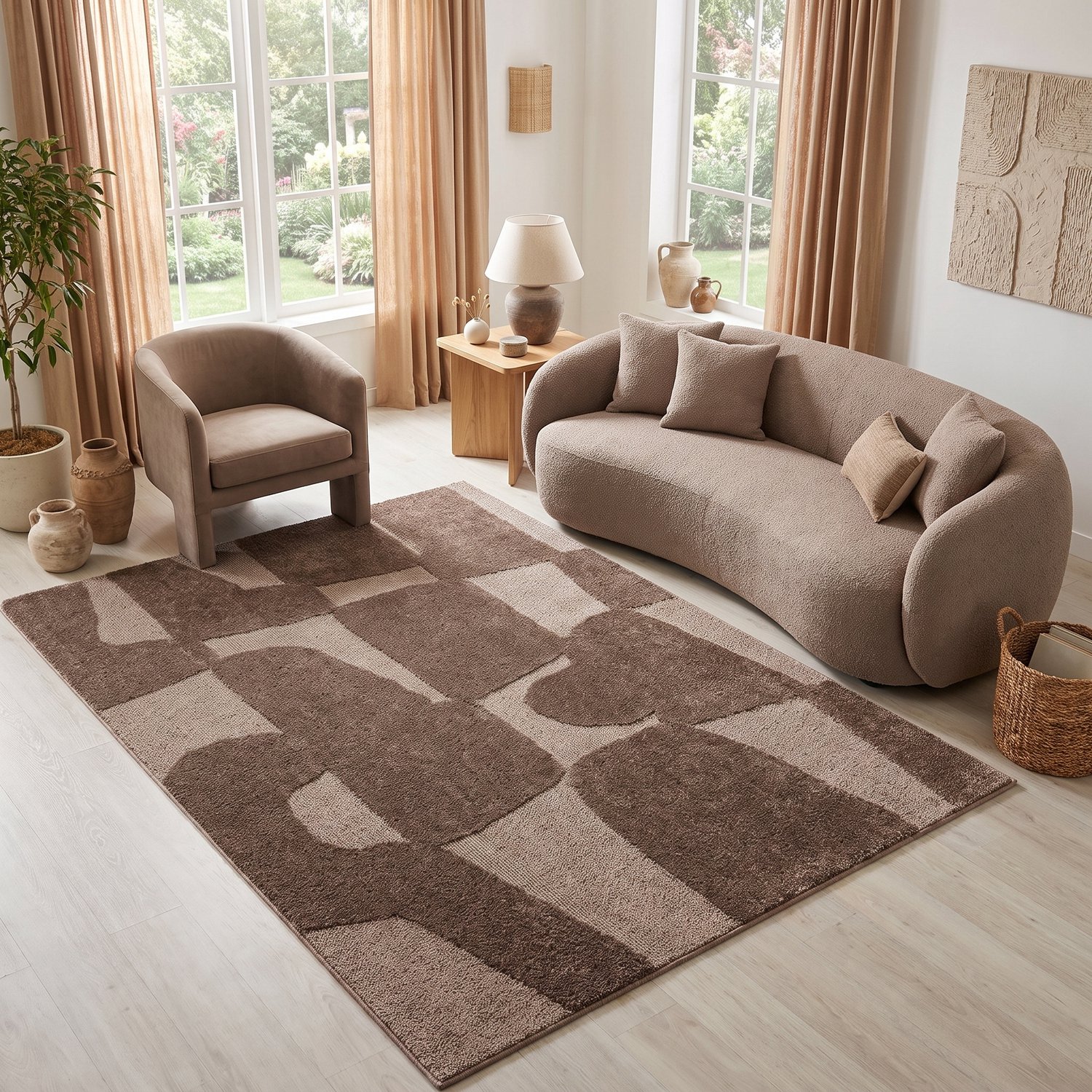 Tapiso Relievo Vloerkleed Abstract - 3D Hoog-Laag Structuur - Modern Tapijt voor Woonkamer en Slaapkamer - Taupe 80x150