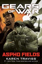 Cover van Gears of War: Aspho Fields met drie gewapende soldaten tegen een vurige achtergrond.