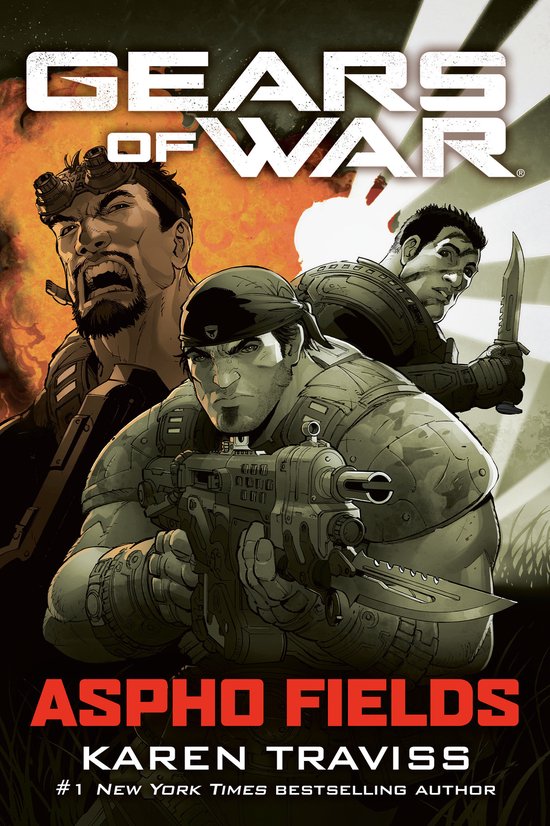 Cover van Gears of War: Aspho Fields met drie gewapende soldaten tegen een vurige achtergrond.