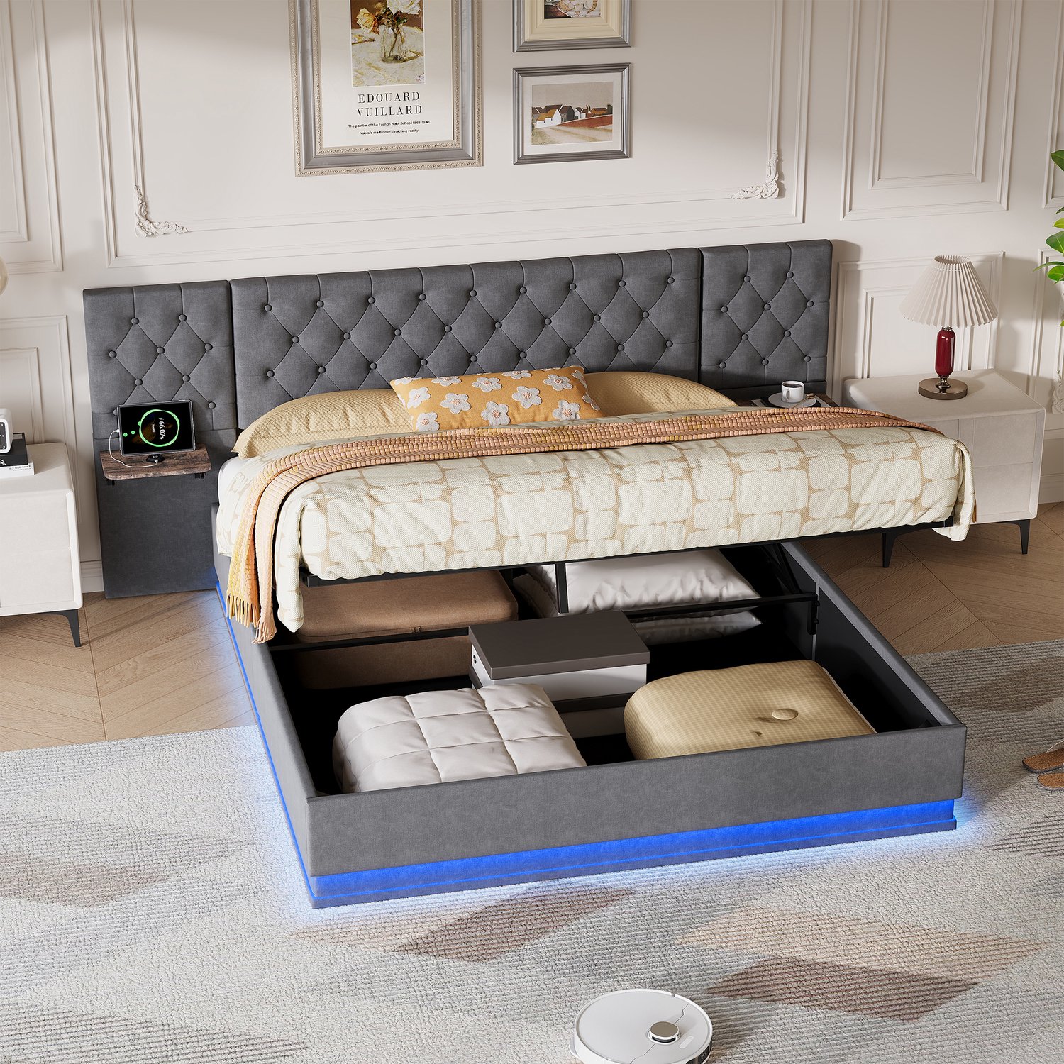 ROSAHQNDA Tweepersoonsbed volwassen bed 160x200 cm met opbergruimte, 2 hoofdbordplanken, LED-verlichting en lattenbodem, linnen, grijs, zonder matras