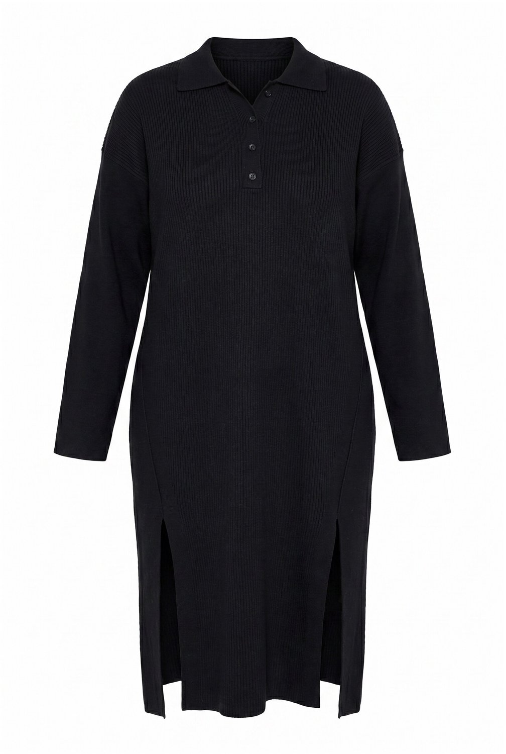 Ulla Popken - Dames - Maxi-jurk ribjersey oversized polokraag lange mouwen - Zwart - Maat 62+