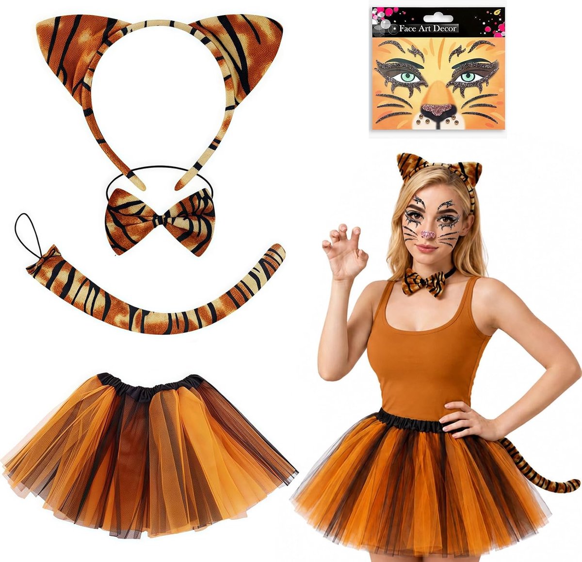 4-delig tijgerkostuum, inclusief hoofdband, stropdas, staart en tule rok, oranje en zwart, ideaal voor Halloween, Kerstmis, carnaval, cosplay, themafeesten en feesten, met tijgersticker