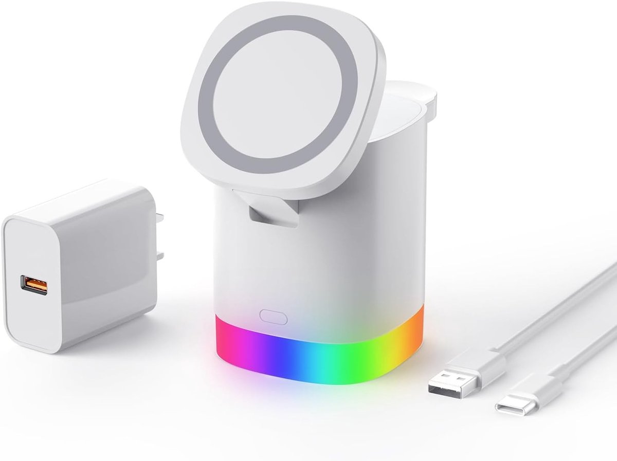 Draagbare 3-in-1 Magnetische Inductieve Oplaadstation met RGB Nachtlampje voor iPhone, Apple Watch en AirPods, Ideaal voor Reizen en Thuisgebruik