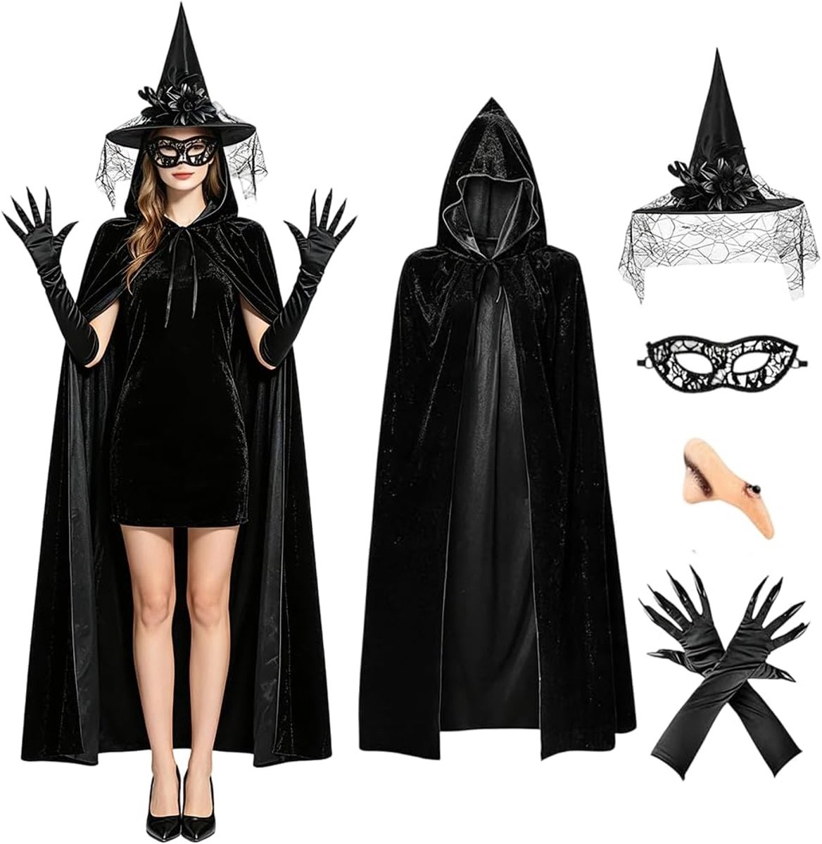Heksenkostuum voor dames, 5-delige set, Halloween-kostuum voor dames, horror, lange vampierjurk met capuchon, heksenhoed, handschoenen, masker en neus, zwarte cape voor Halloween, carnaval
