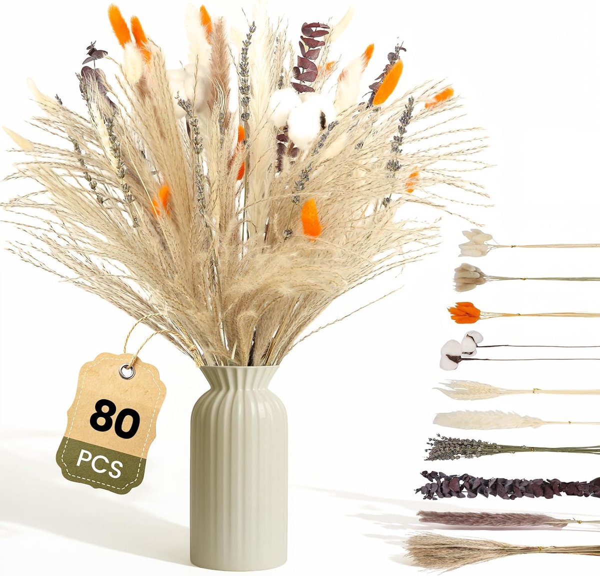 Gedroogd Pampasgras, 80 stuks Pampasdecoratie