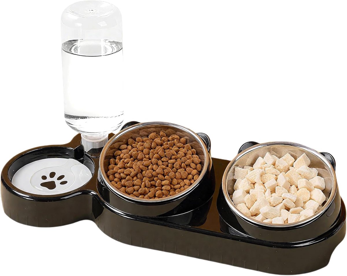 SnelShoppen - 3-in-1 Voer- en Waterbak Set voor Katten en Kleine Honden, Verstelbare RVS Voerbakken met Stand, Dubbele Voederstation met Waterdispense