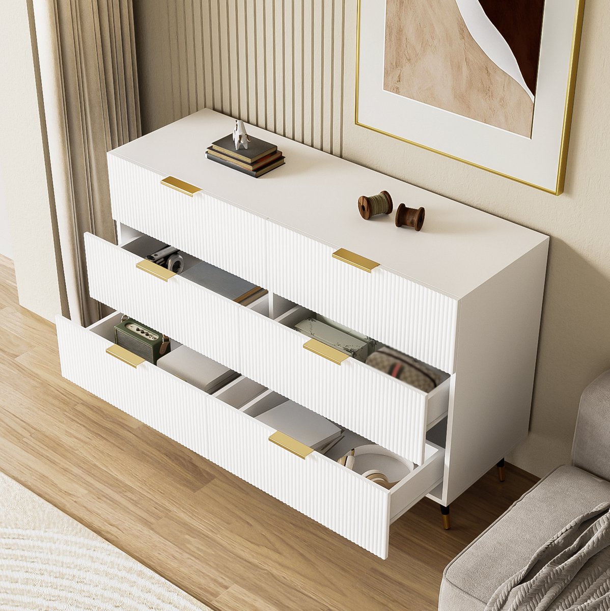 WUVRIE Dressoir 120 cm - 6 lades en 15 cm hoge poten - Wit/goud