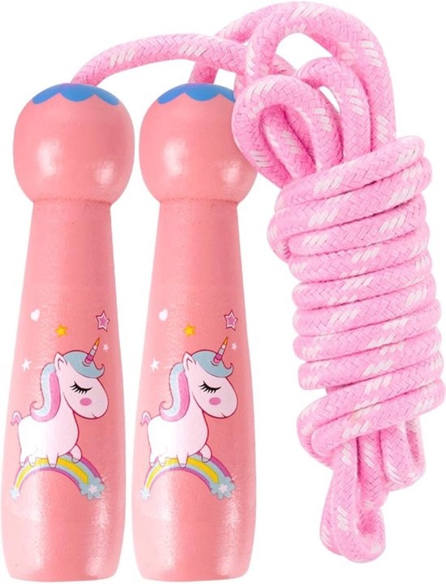 Verstelbaar springtouw - roze - voor kinderen - Zacht katoenen touw - met houten handvat - voor activiteiten en fitness