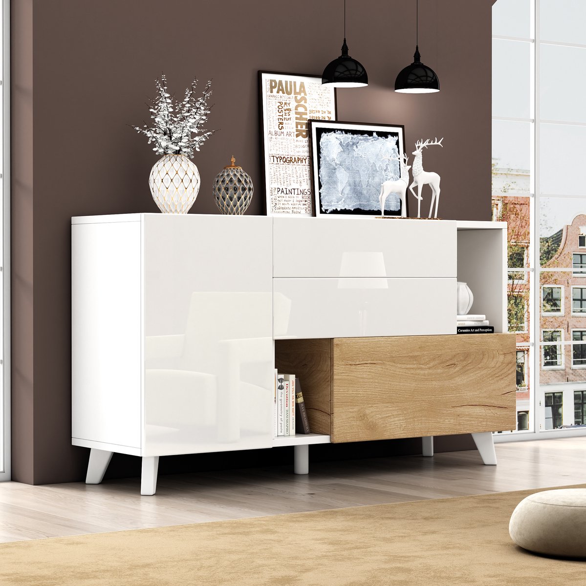 WUVRIE Dressoir 130 x 40 x 70 cm - 2 deuren, 2 lades en open vakken - Wit/licht eiken Wit + licht eiken