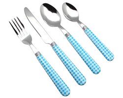 EXZACT bestekset, 24-delig - Roestvrij staal met geruite gekleurde handgrepen - 6 vorken, 6 dinermessen, 6 tafellepels en 6 theelepels - Blauw, 24-delig