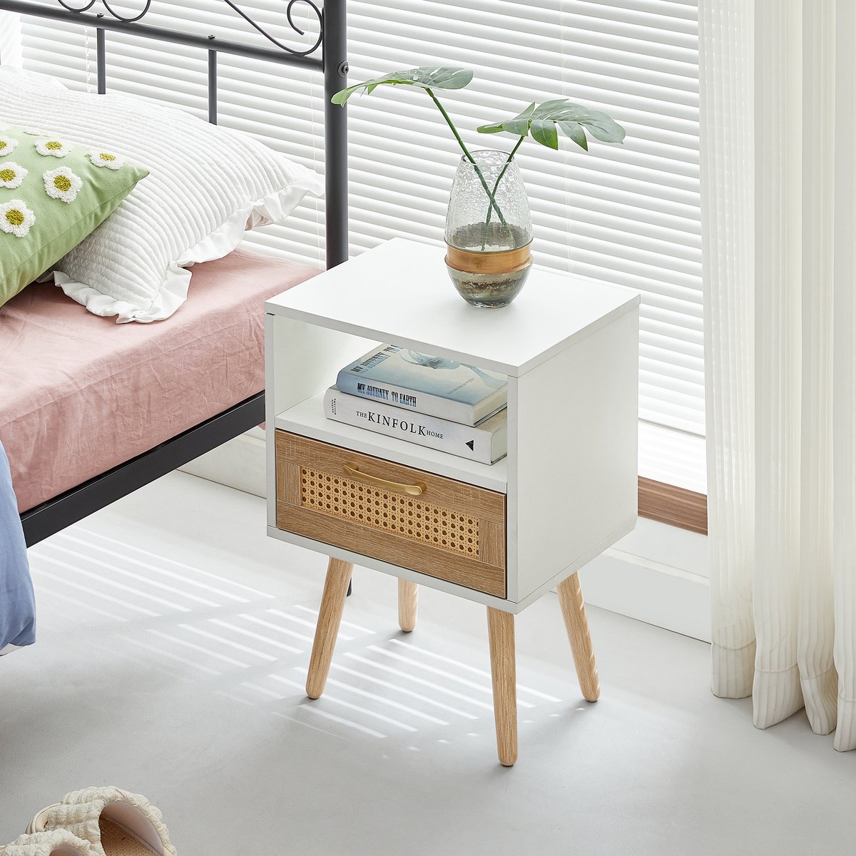 WUVRIE Nachtkastje 40 x 30 x 55 cm - Met lade en open vak - Wit/naturel Wit + naturel